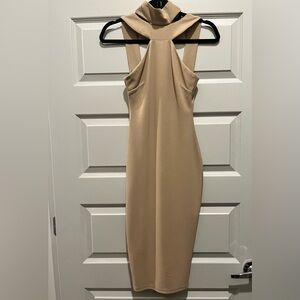 Tan midi dress with high neck